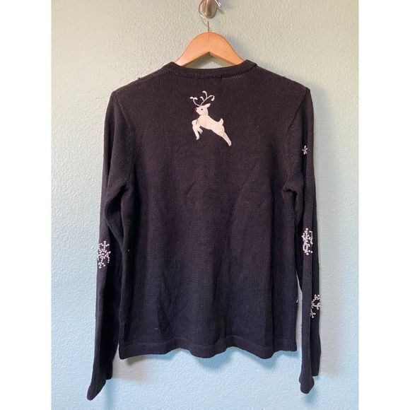 Vintage Women's Holiday Christmas Reindeer‎ and Snowflake Black Sweater Small - Picture 2 of 11
